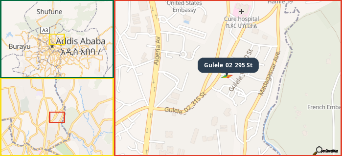 Map showing the address of Gulele_02_295 St in three different zoom levels.
