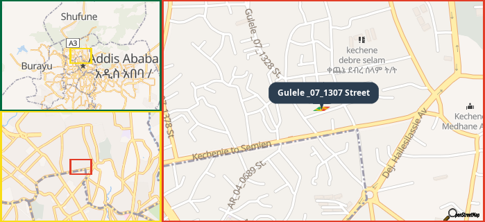 Map showing the address of Gulele _07_1307 Street in three different zoom levels.