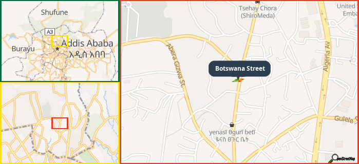 Map showing the address of Botswana Street in three different zoom levels.