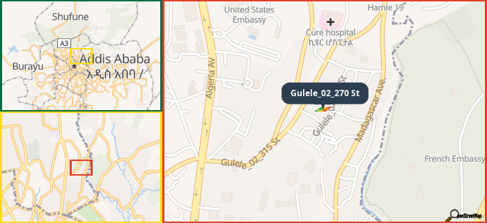 Map showing the address of Gulele_02_270 St in three different zoom levels.