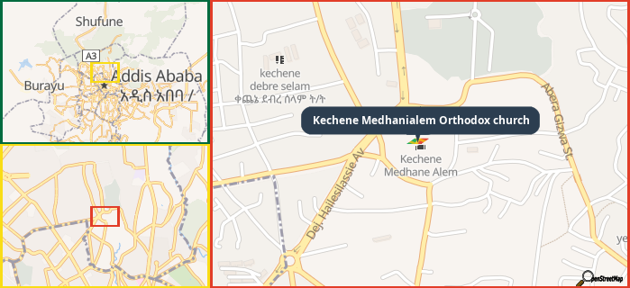 Map showing the address of Kechene Medhanialem Orthodox church in three different zoom levels.