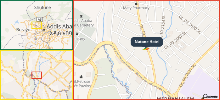 Map showing the address of Natane Hotel in three different zoom levels.