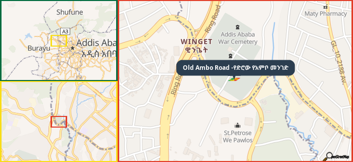 Map showing the address of Old Ambo Road -የድሮው የአምቦ መንገድ in three different zoom levels.