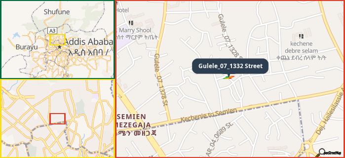 Map showing the address of Gulele_07_1332 Street in three different zoom levels.