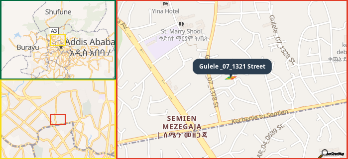 Map showing the address of Gulele _07_1321 Street in three different zoom levels.