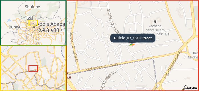 Map showing the address of Gulele _07_1310 Street in three different zoom levels.