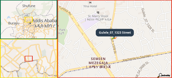 Map showing the address of Gulele_07_1323 Street in three different zoom levels.