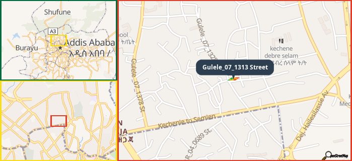Map showing the address of Gulele_07_1313 Street in three different zoom levels.