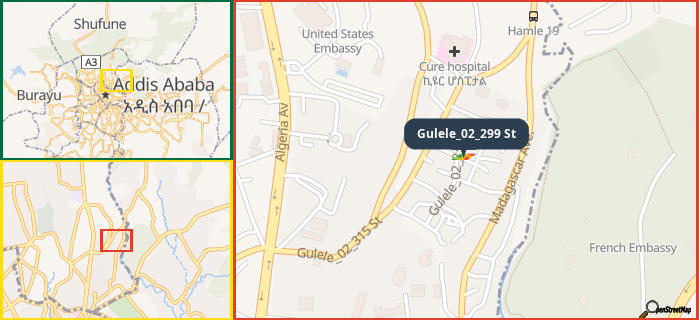 Map showing the address of Gulele_02_299 St in three different zoom levels.