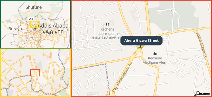 Map showing the address of Abera Gizwa Street in three different zoom levels.