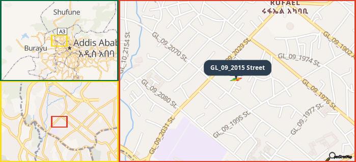 Map showing the address of GL_09_2015 Street in three different zoom levels.