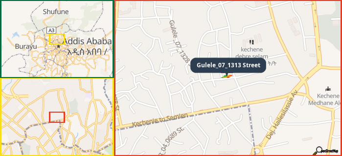 Map showing the address of Gulele_07_1313 Street in three different zoom levels.