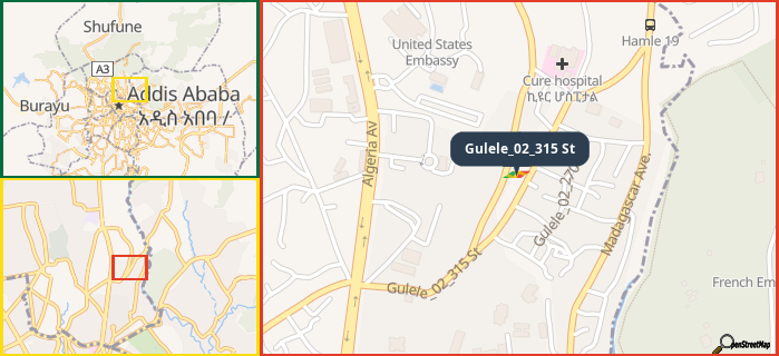 Map showing the address of Gulele_02_315 St in three different zoom levels.