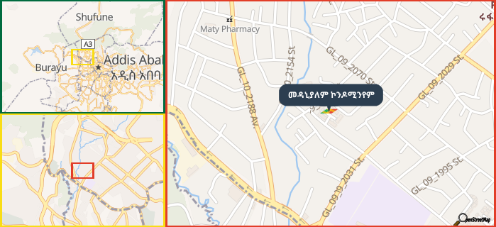 Map showing the address of መዳኒያለም ኮንዶሚንየም in three different zoom levels.