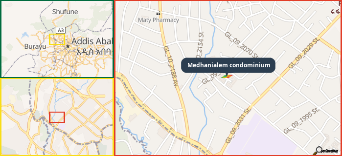 Map showing the address of Medhanialem condominium in three different zoom levels.