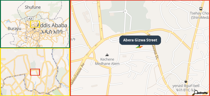 Map showing the address of Abera Gizwa Street in three different zoom levels.