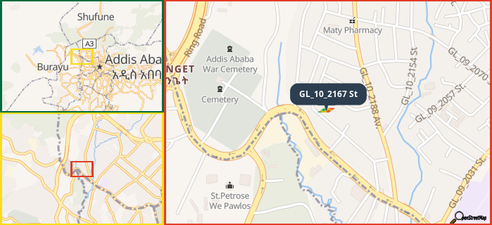 Map showing the address of GL_10_2167 St in three different zoom levels.