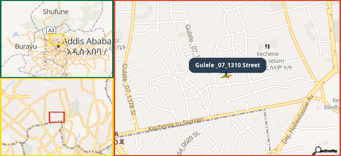 Map showing the address of Gulele _07_1310 Street in three different zoom levels.