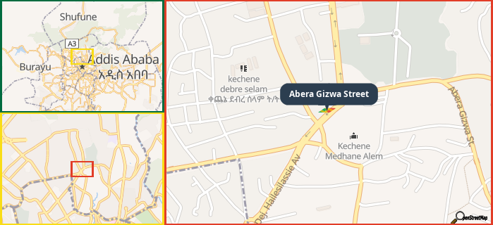 Map showing the address of Abera Gizwa Street in three different zoom levels.