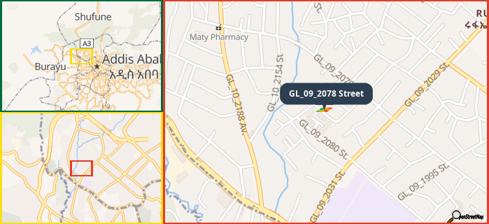 Map showing the address of GL_09_2078 Street in three different zoom levels.