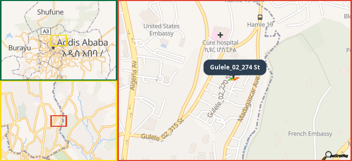 Map showing the address of Gulele_02_274 St in three different zoom levels.