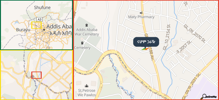 Map showing the address of ናሆም ጋራዥ in three different zoom levels.