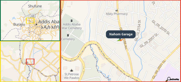 Map showing the address of Nahom Garage in three different zoom levels.