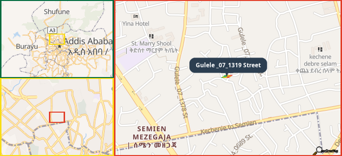 Map showing the address of Gulele _07_1319 Street in three different zoom levels.