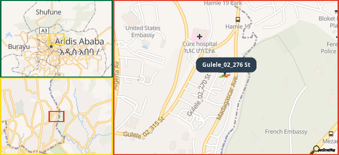 Map showing the address of Gulele_02_276 St in three different zoom levels.