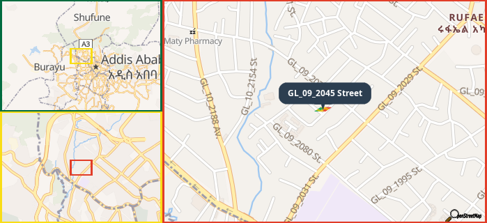 Map showing the address of GL_09_2045 Street in three different zoom levels.