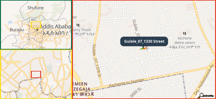 Map showing the address of Gulele_07_1330 Street in three different zoom levels.