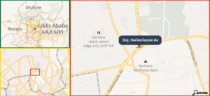 Map showing the address of Dej. Hailesilassie Av in three different zoom levels.