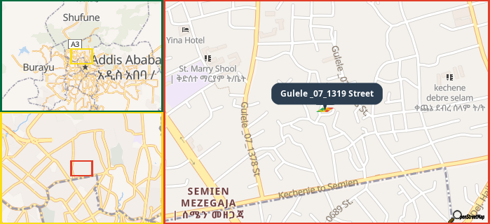 Map showing the address of Gulele _07_1319 Street in three different zoom levels.