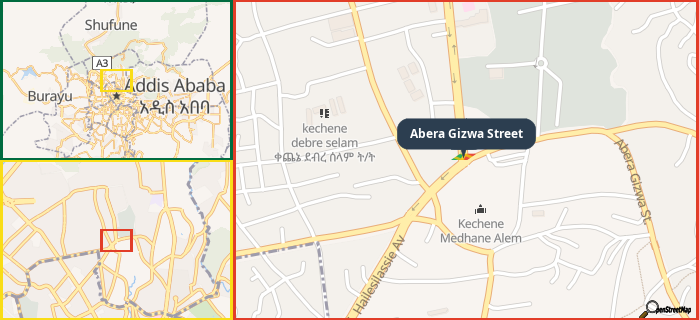 Map showing the address of Abera Gizwa Street in three different zoom levels.