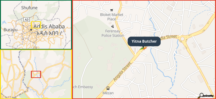 Map showing the address of Yitna Butcher in three different zoom levels.