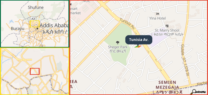 Map showing the address of Tunisia Av. in three different zoom levels.