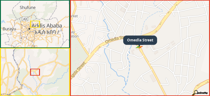 Map showing the address of Omedla Street in three different zoom levels.