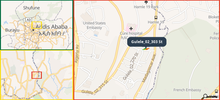 Map showing the address of Gulele_02_303 St in three different zoom levels.