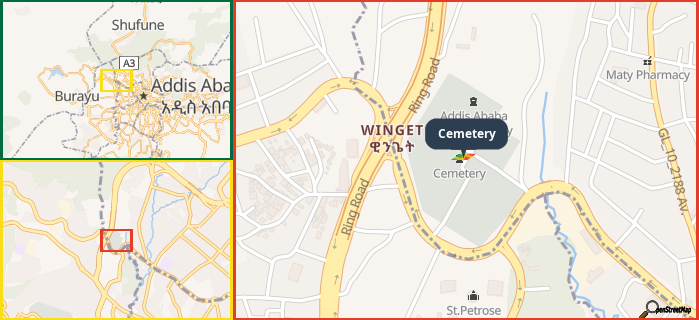 Map showing the address of Cemetery in three different zoom levels.