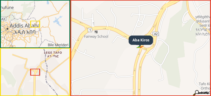 Map showing the address of Aba Kiros in three different zoom levels.