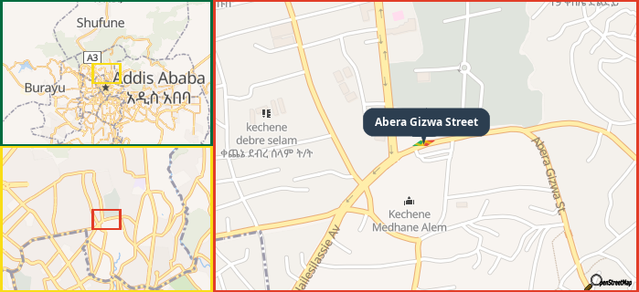 Map showing the address of Abera Gizwa Street in three different zoom levels.