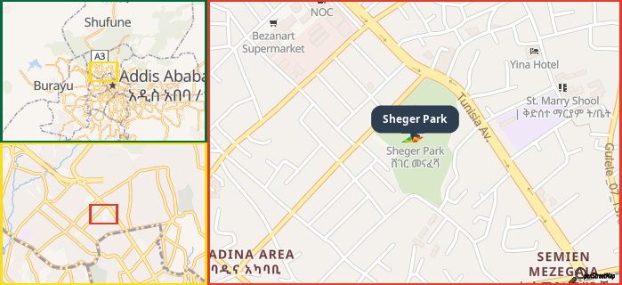 Map showing the address of Sheger Park in three different zoom levels.