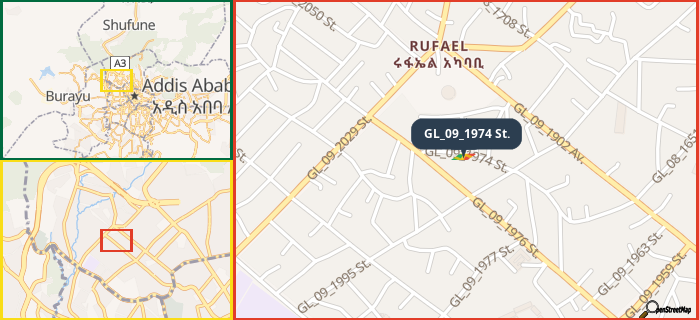 Map showing the address of GL_09_1974 St. in three different zoom levels.
