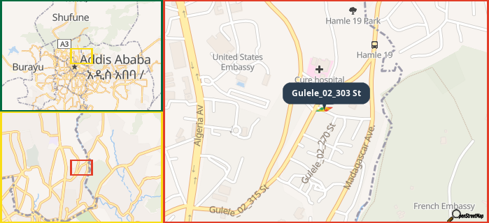 Map showing the address of Gulele_02_303 St in three different zoom levels.