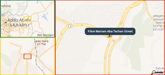 Map showing the address of Fikre Mariam Aba Techan Street in three different zoom levels.