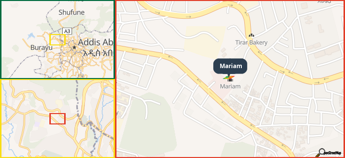 Map showing the address of Mariam in three different zoom levels.