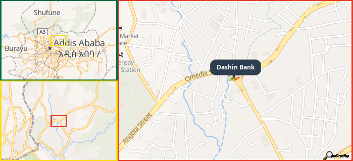 Map showing the address of Dashin Bank in three different zoom levels.