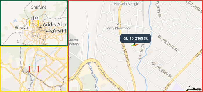 Map showing the address of GL_10_2168 St in three different zoom levels.