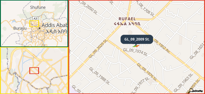 Map showing the address of GL_09_2009 St. in three different zoom levels.