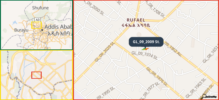 Map showing the address of GL_09_2009 St. in three different zoom levels.